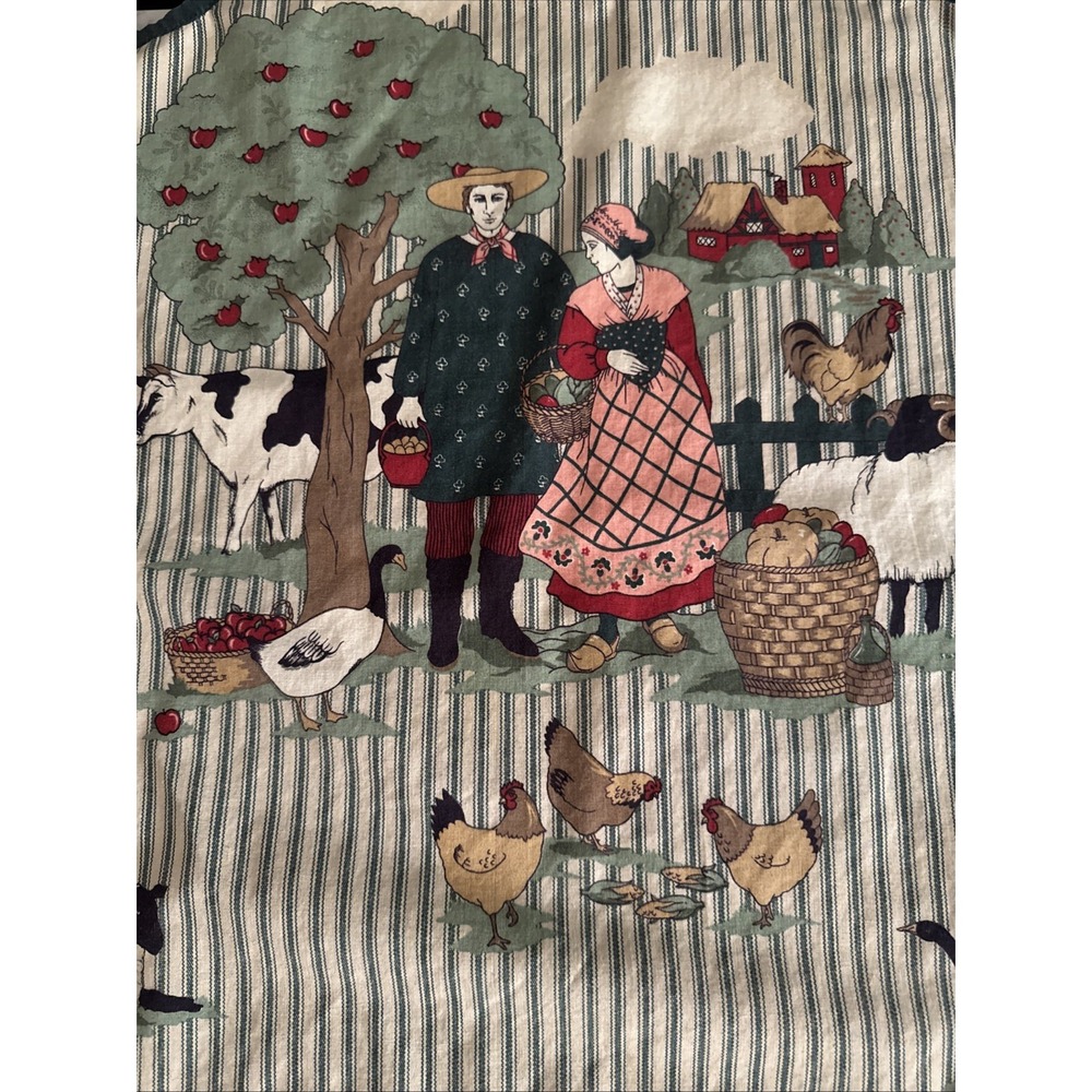 Handmade Cottagecore Farm Scene Ticking Stripe Bib Apron Blue White Cow Sheep